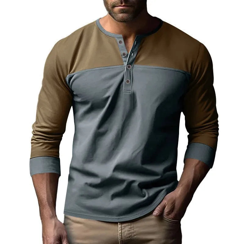 Retro long-sleeve Henry collar casual shirt with colour-matching collar and beaded twill fabric, solid colour, pullover style