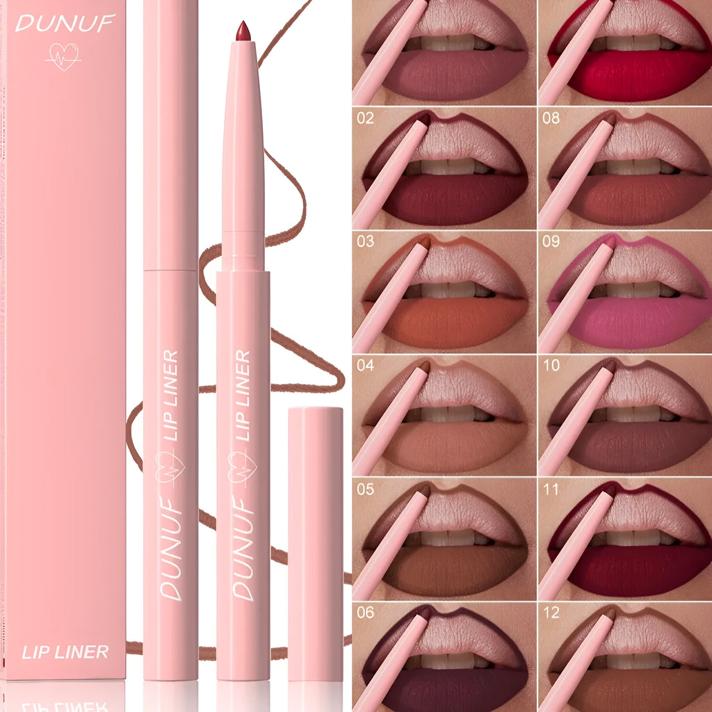 Velvet matte lip liner pencil in a case, shown with swatches of 12 different colours.