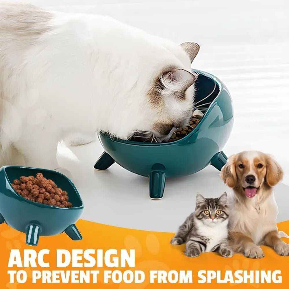 Ceramic cat food bowl with four legs, rounded arc shape, in green or yellow, small and large sizes