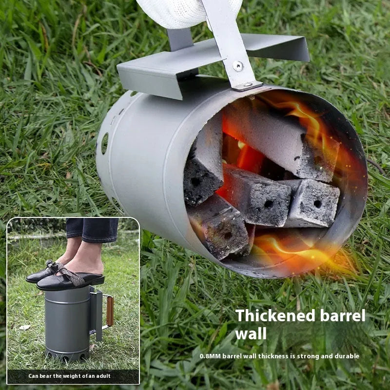 Zinc-iron alloy charcoal fire starter bucket with oven igniter for outdoor barbecues.