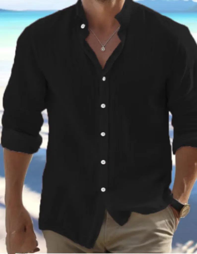 Men's light blue long-staple cotton casual button-down summer shirt on a hanger.