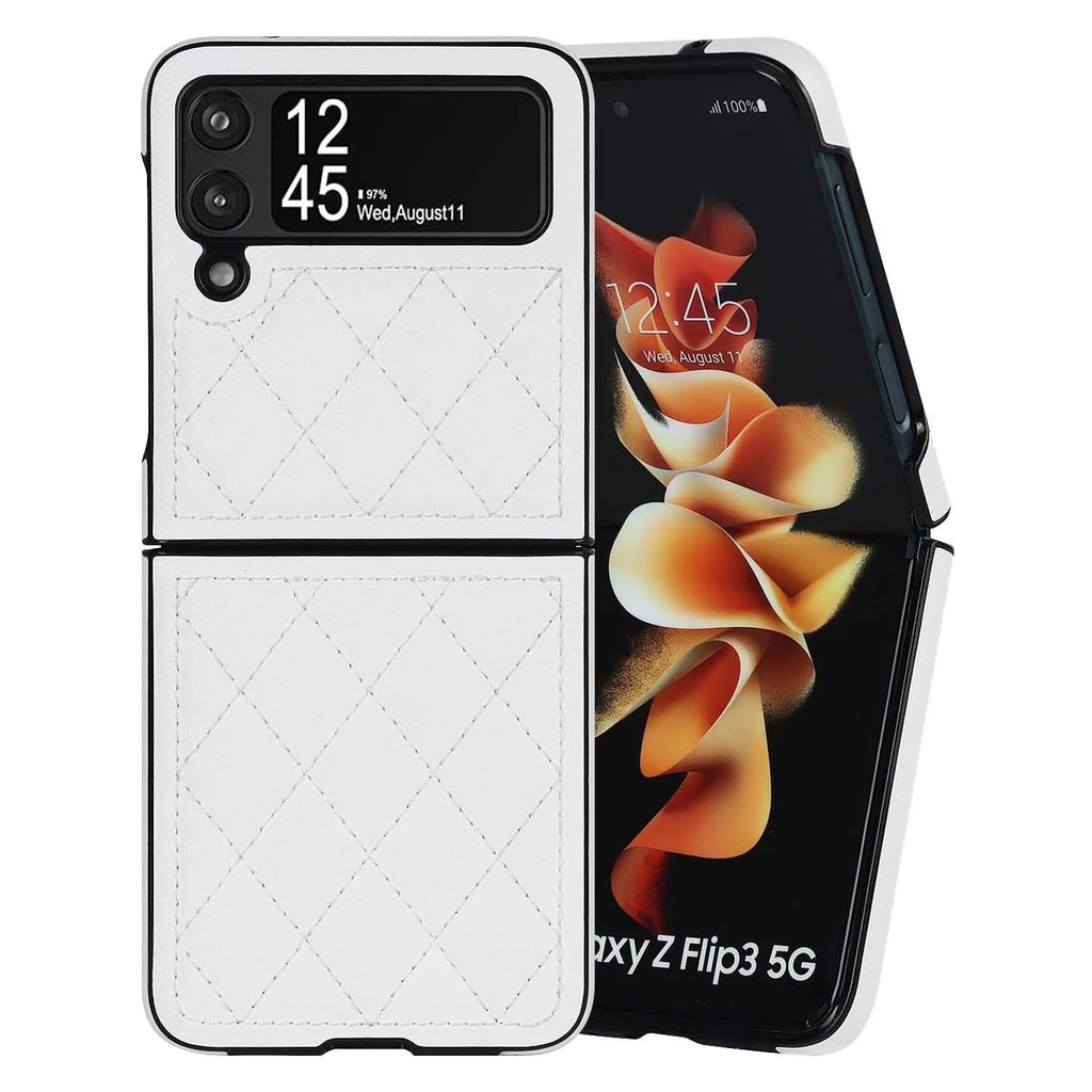 Samsung Z Flip 4 foldable screen phone case with textured lambskin plaid pattern in black