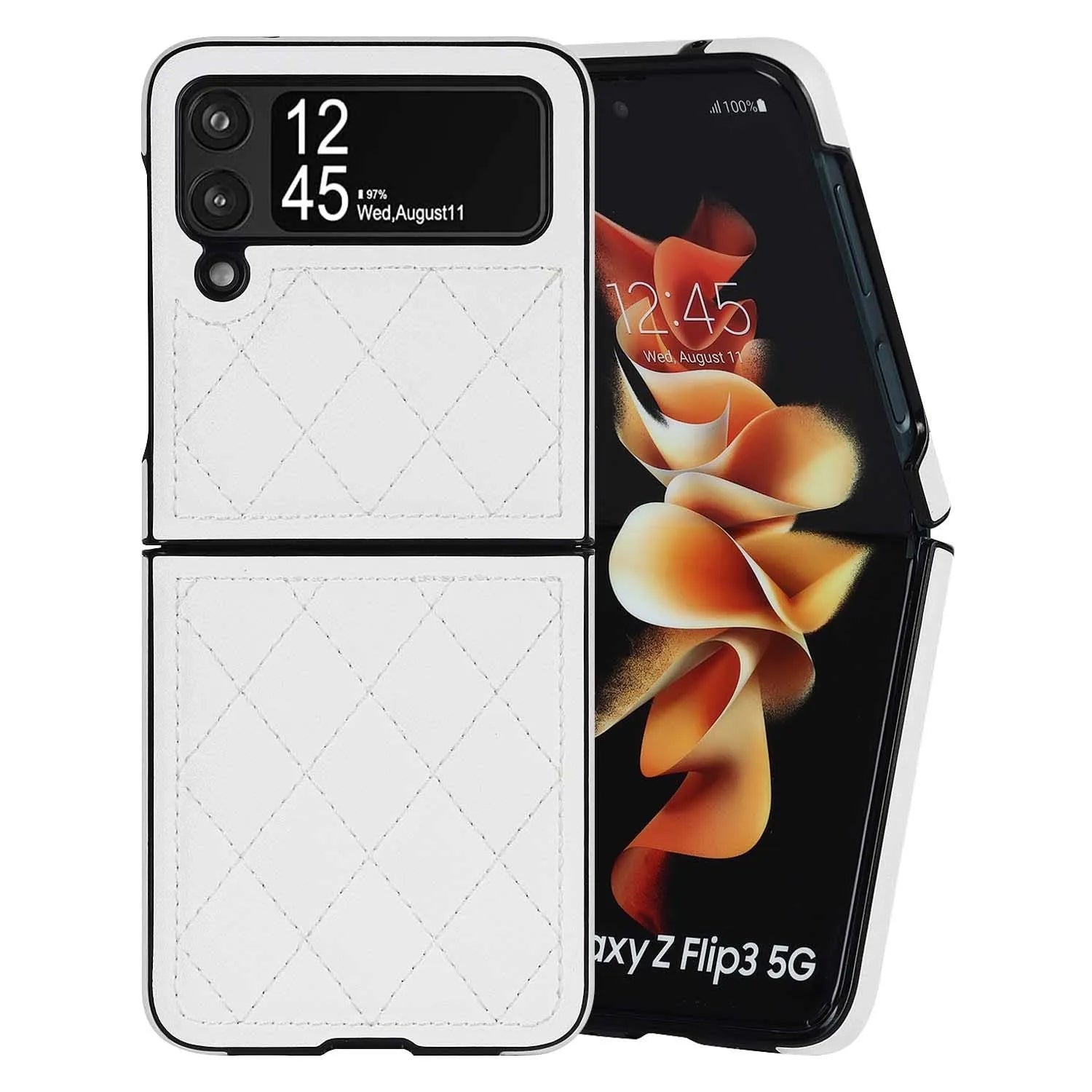 Samsung Z Flip 4 foldable screen phone case with textured lambskin plaid pattern in black
