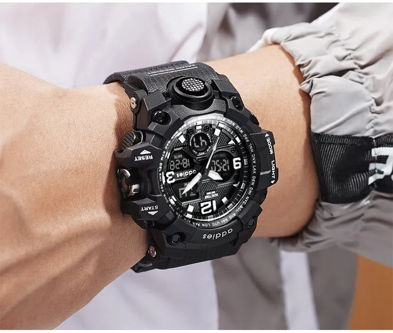 New electronic watch with dual display, round plastic case, plastic strap, and 50m waterproof rating for men