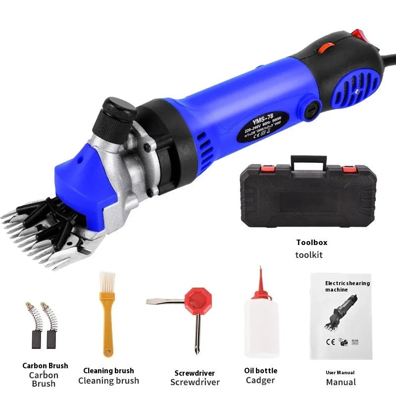 Yellow electric wool shearing machine with 110V plug and multiple cutter sets in plastic case