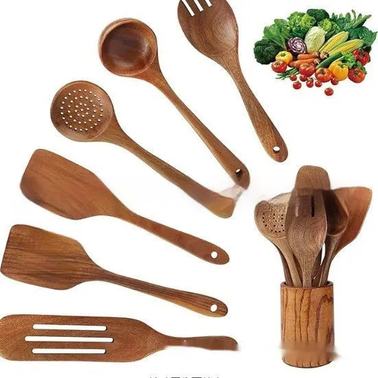 Seven-piece wooden kitchen utensil set with spoons, spatulas, and soup spoons in boxed presentation