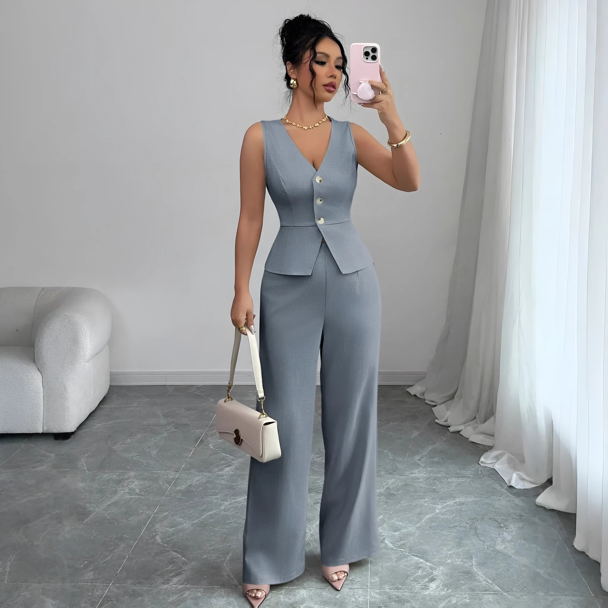 Women's sleeveless vest and high waist trousers two-piece set in solid colour polyester fabric