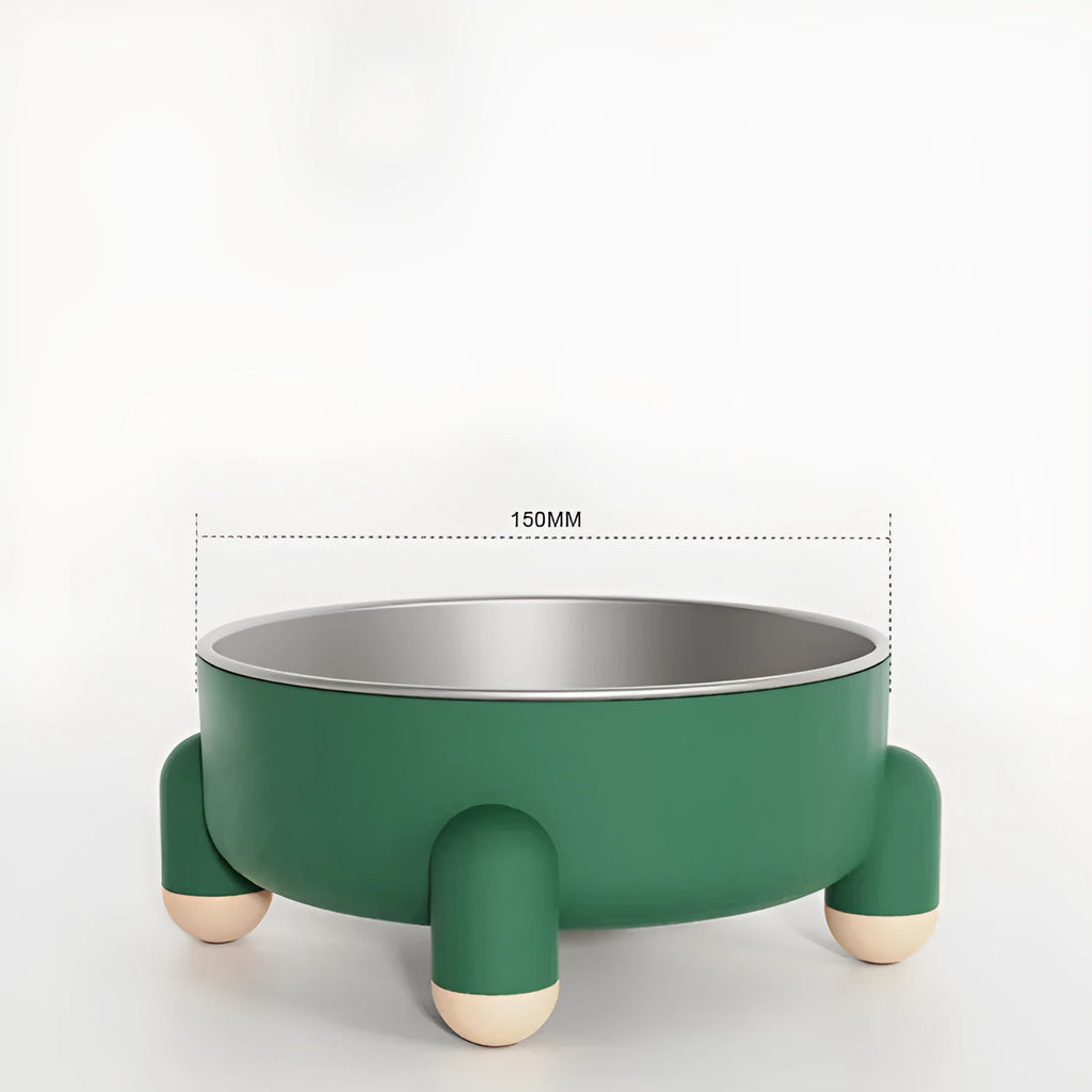 Green stainless steel pet bowl with a non-slip base and raised high-foot design.