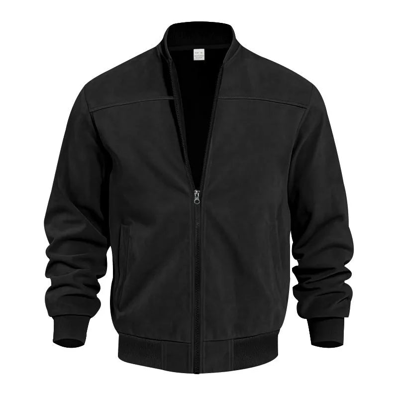 Men's plus size suede casual jacket in army green with a zip front and regular sleeves.