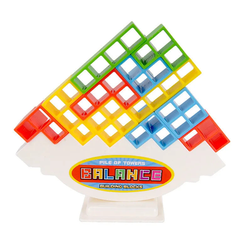 Plastic balance stacking game with 16 coloured blocks, chassis and base on a table