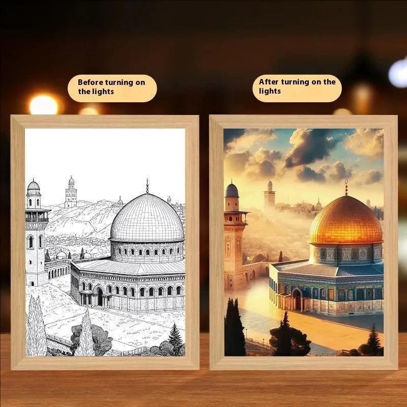Modern rectangle LED photo frame displaying cross-themed art with interchangeable spiritual prints
