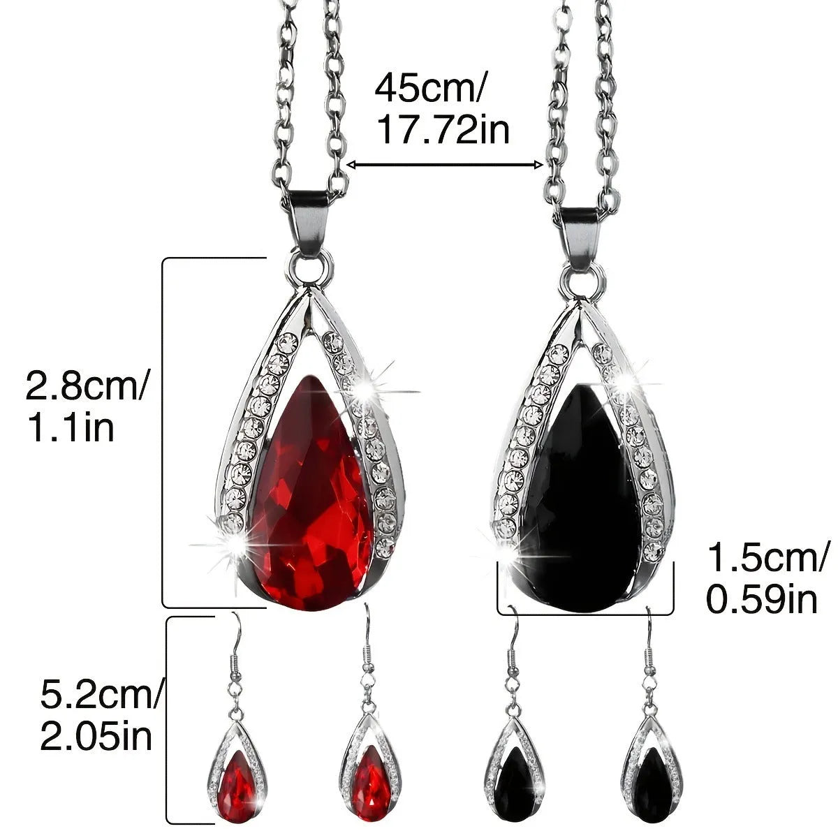Black and red teardrop glass pendant necklace and matching earrings jewellery set.