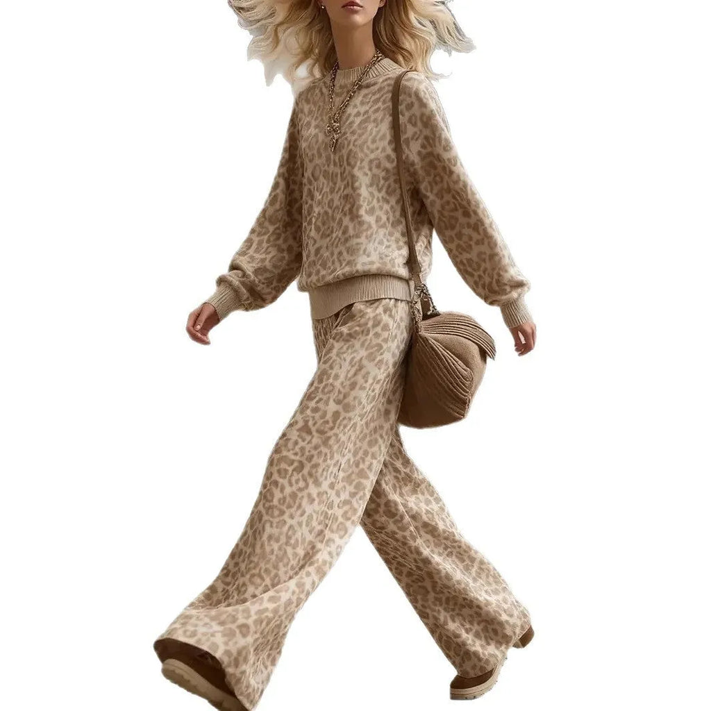 Women's retro casual light brown leopard print long sleeve slim fit sweatsuit set with top and pants
