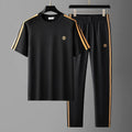 Men's blue short sleeve suit set with ironing-free polyester sweat-absorbent fabric