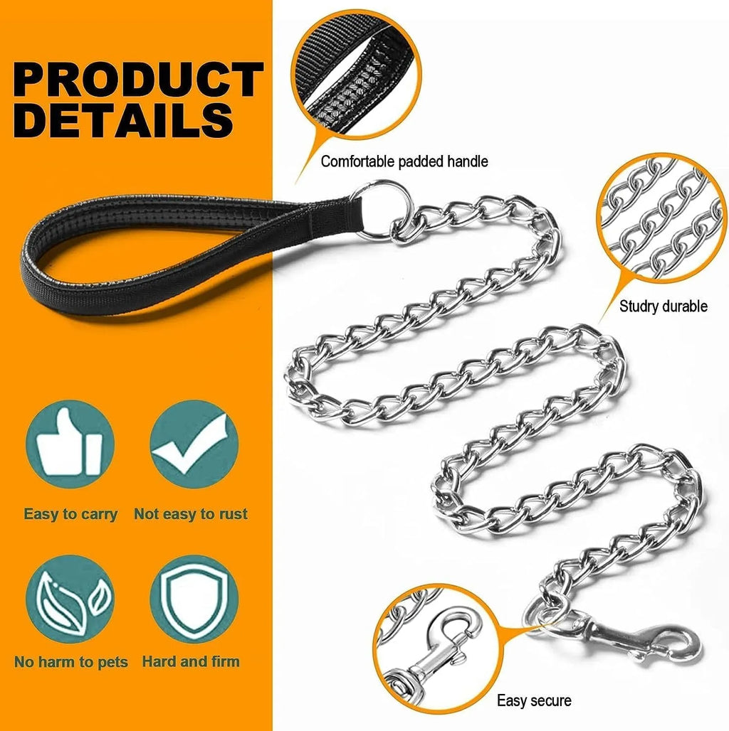 Heavy duty metal dog leash with soft padded handle in black colour, suitable for large medium size dogs
