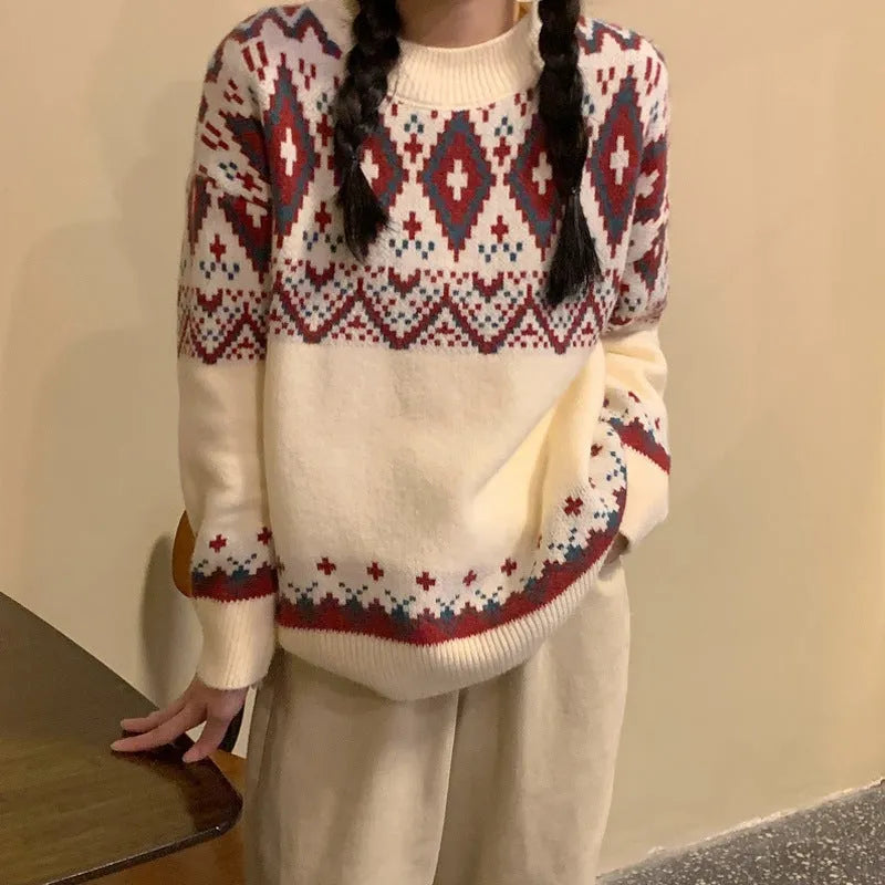 Red and white striped loose fit retro pullover knitted top with long sleeves