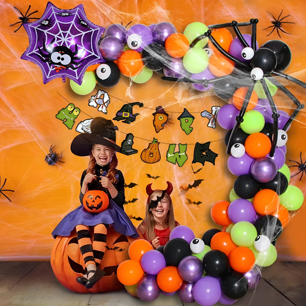 Halloween balloon combo set showing skull and pumpkin designs in white and black with spider arch arrangement