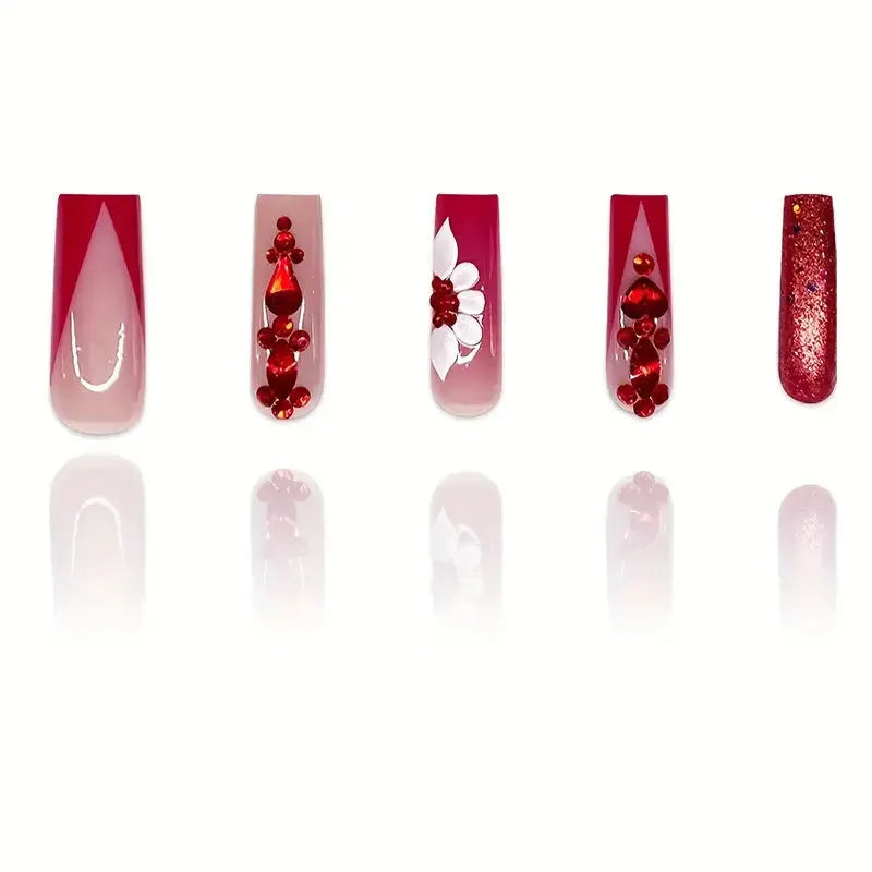 Sweet flower pattern press-on nails with red diamond decoration in European square shape