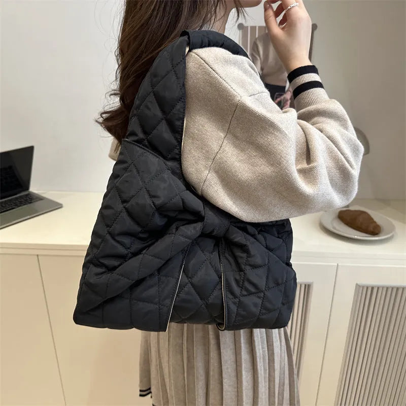 Women's one shoulder handbag soft cotton horizontal square shape with sandwich pocket in black
