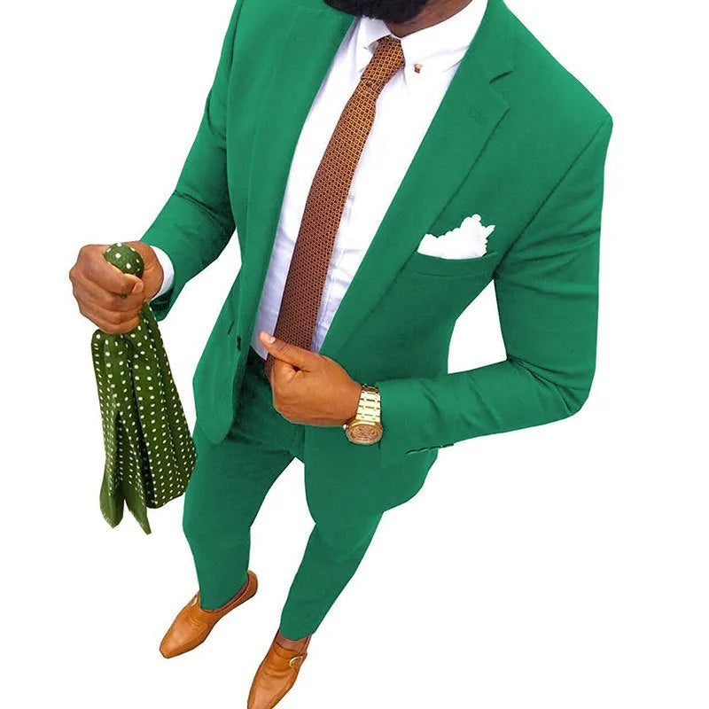Men's two-piece cotton suit in a multicolour selection showing jacket and trousers for formal events