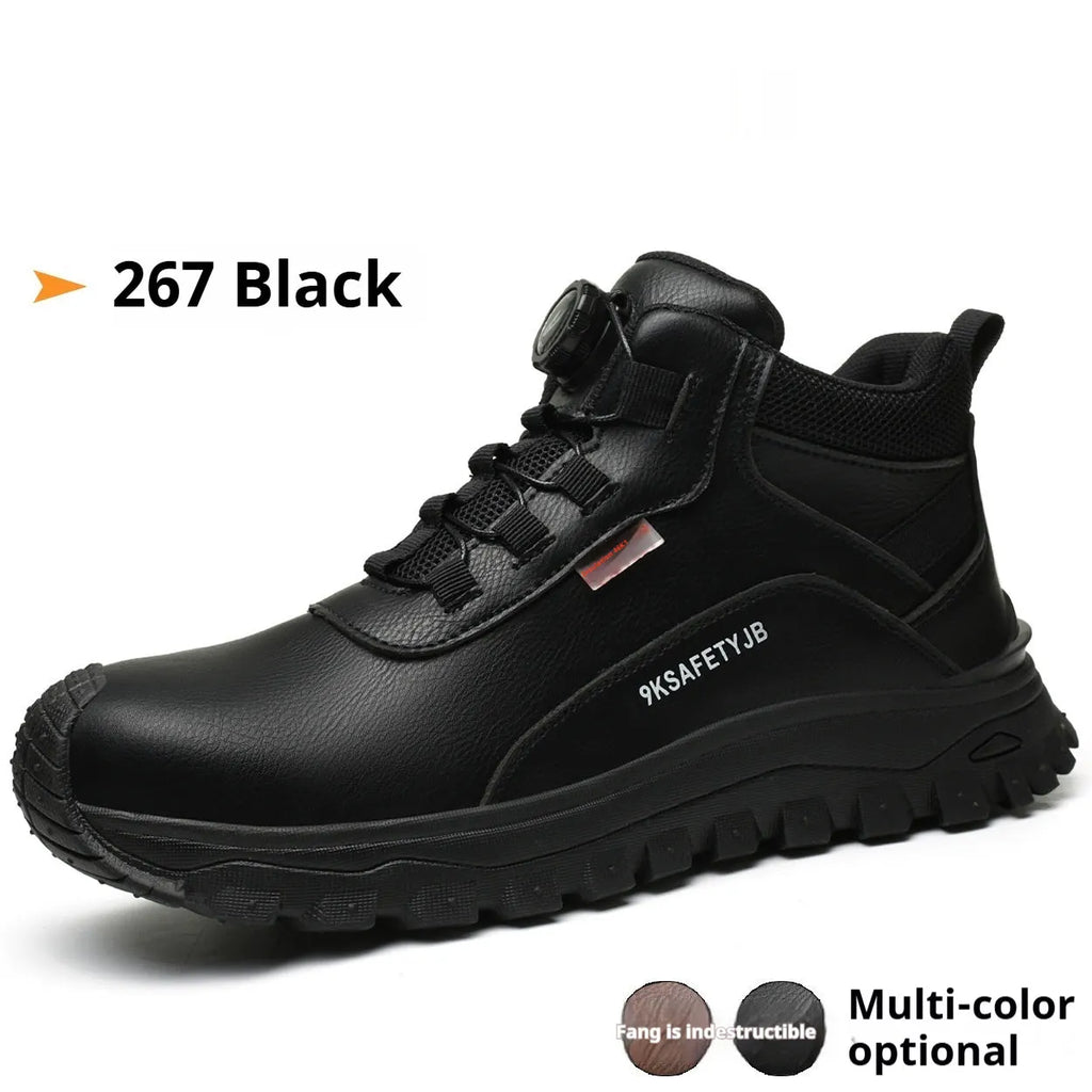 Flyknit leather safety work shoe with rubber sole shown in black colour