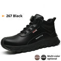Flyknit leather safety work shoe with rubber sole shown in black colour