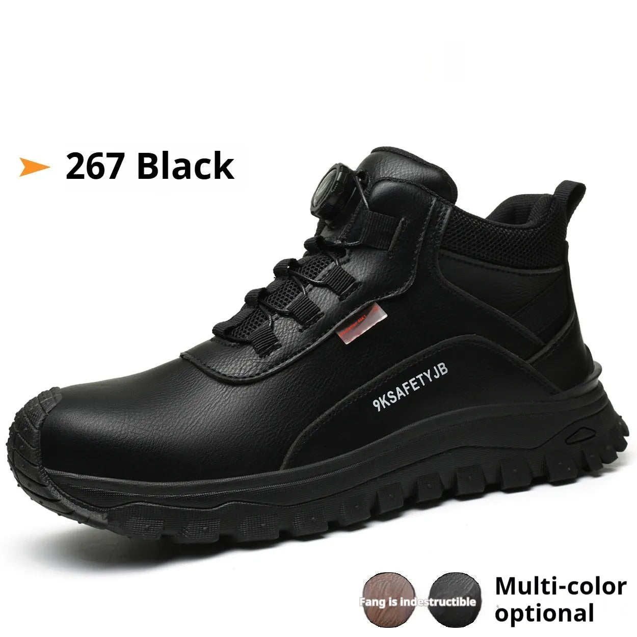 Flyknit leather safety work shoe with rubber sole shown in black colour