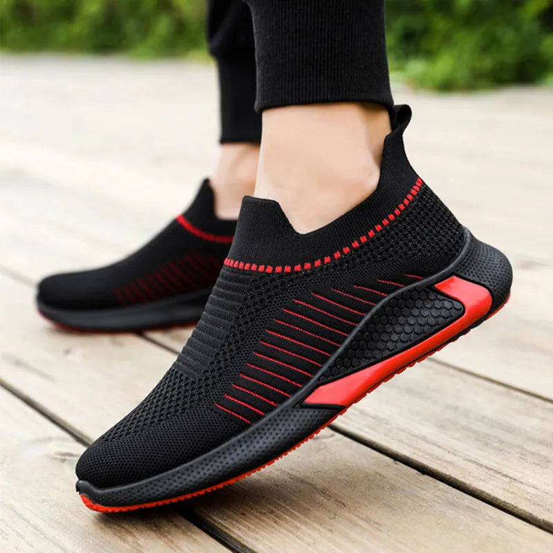 Men's striped mesh slip-on sneakers with lace-up front in black, white, and black/white colour options