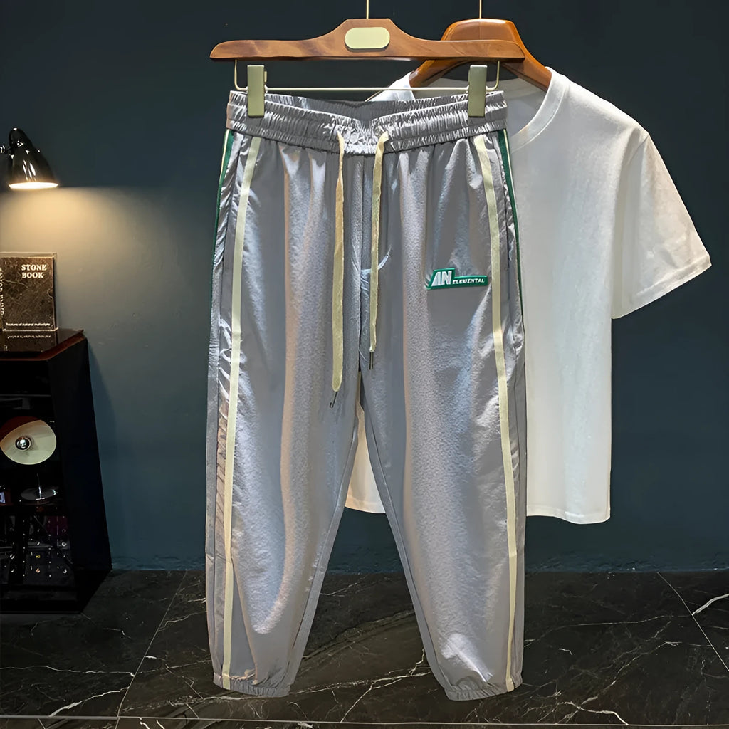 Men's black ice silk casual trousers with mid-waist and full length design