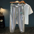 Men's black ice silk casual trousers with mid-waist and full length design
