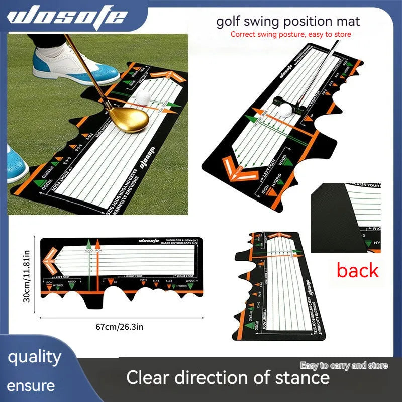 Black neoprene golf swing stance training pad on green grass