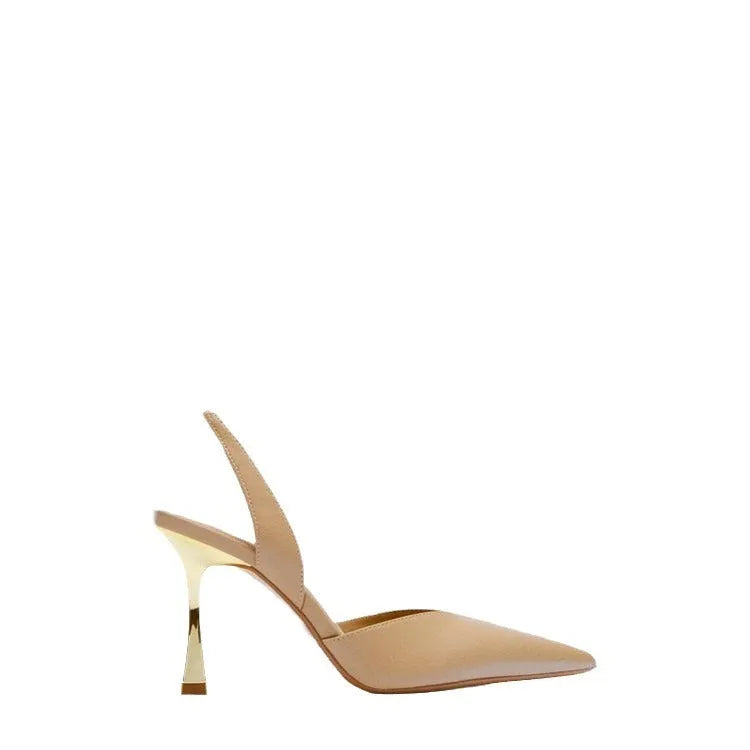 Korean style nude pointed high heels for women in patent leather, shown in black and apricot colours.