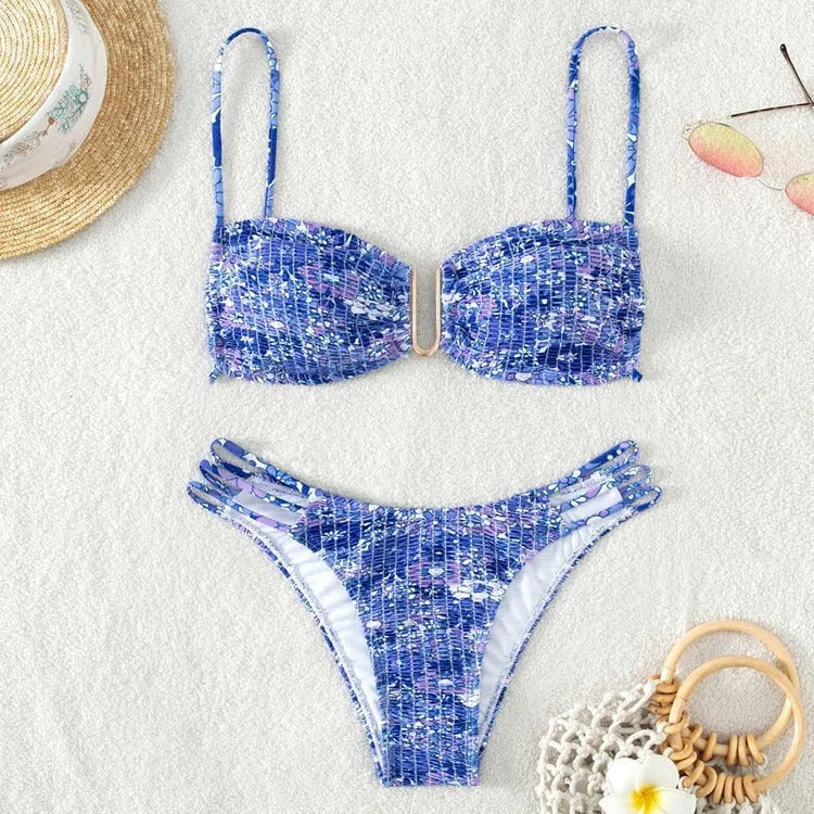 Women's floral bikini swimsuit in blue colour with high-waisted briefs style and nylon lining