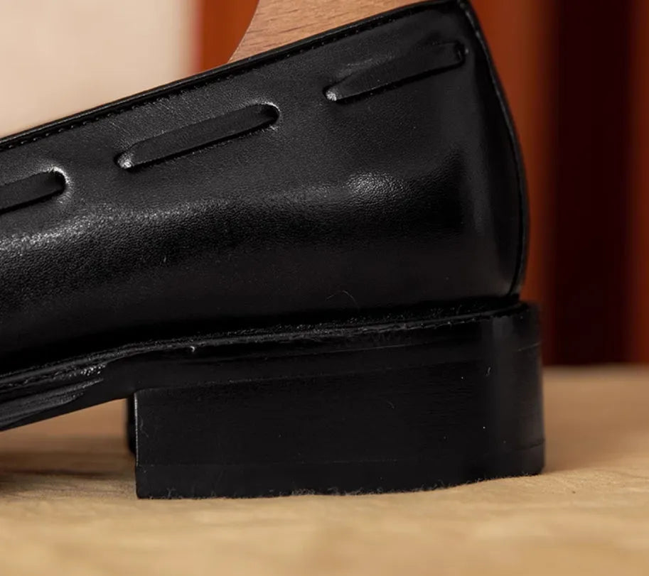 Men's black genuine leather slip-on loafers with rubber sole and British style design