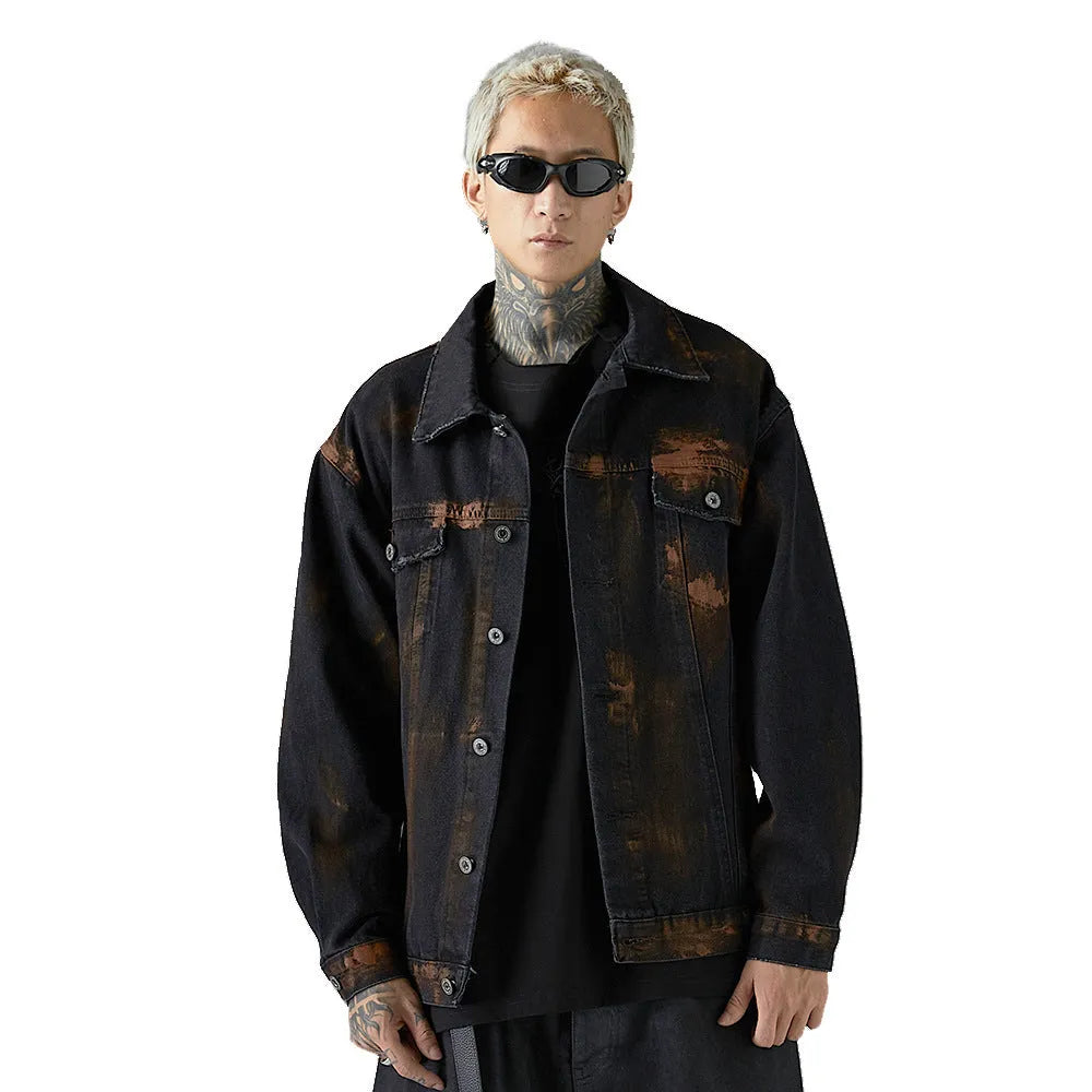 Fashion holes denim clothes jacket for men in black cotton street style