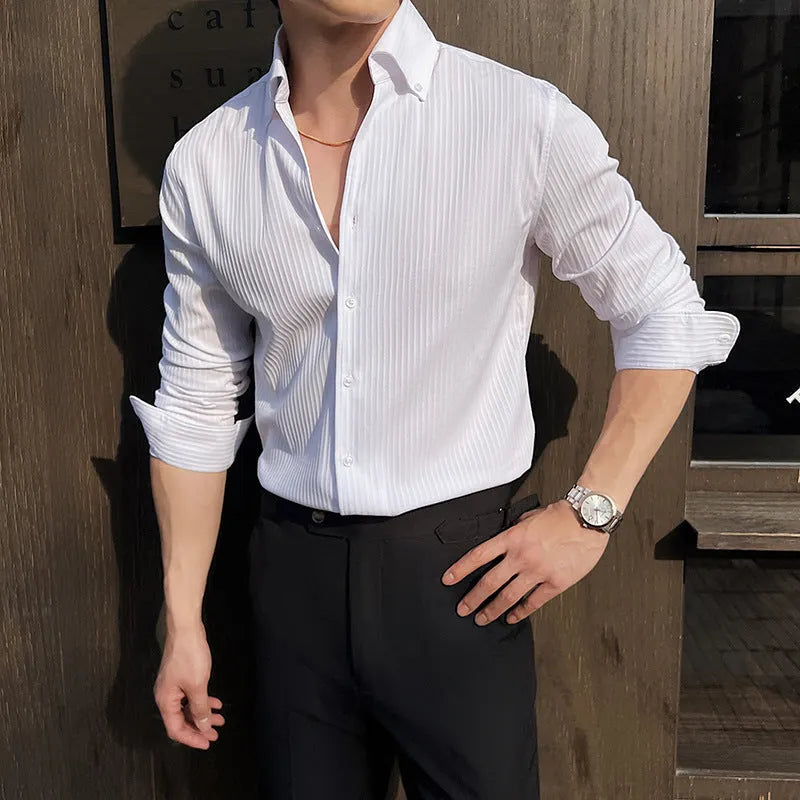 Men's dark striped V-neck long sleeve shirt in chemical fibre blend fabric
