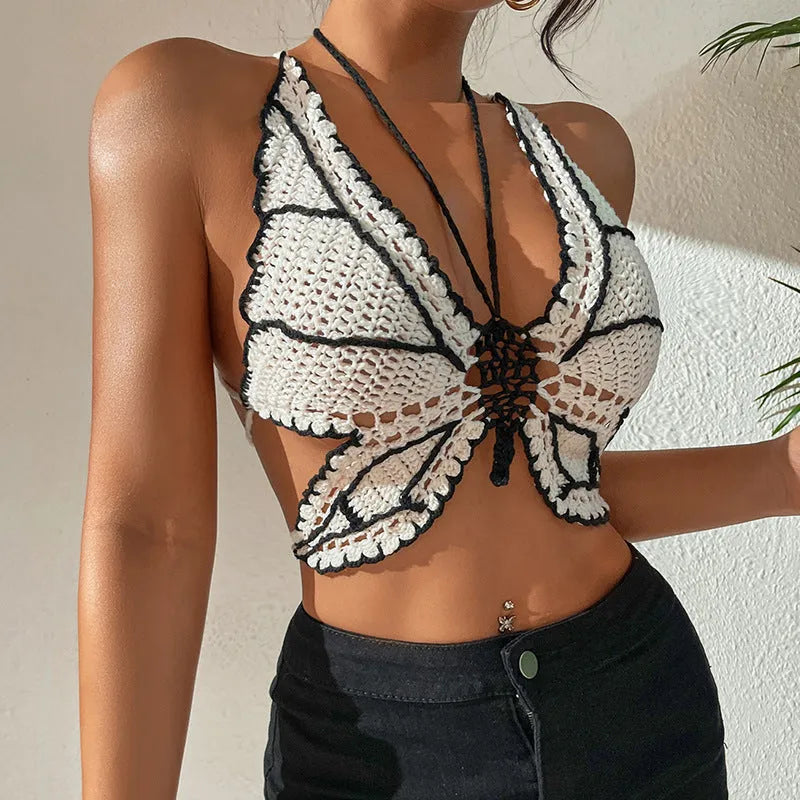 Women's black classic acrylic knit bikini top on model for swimming wading beach wear free size