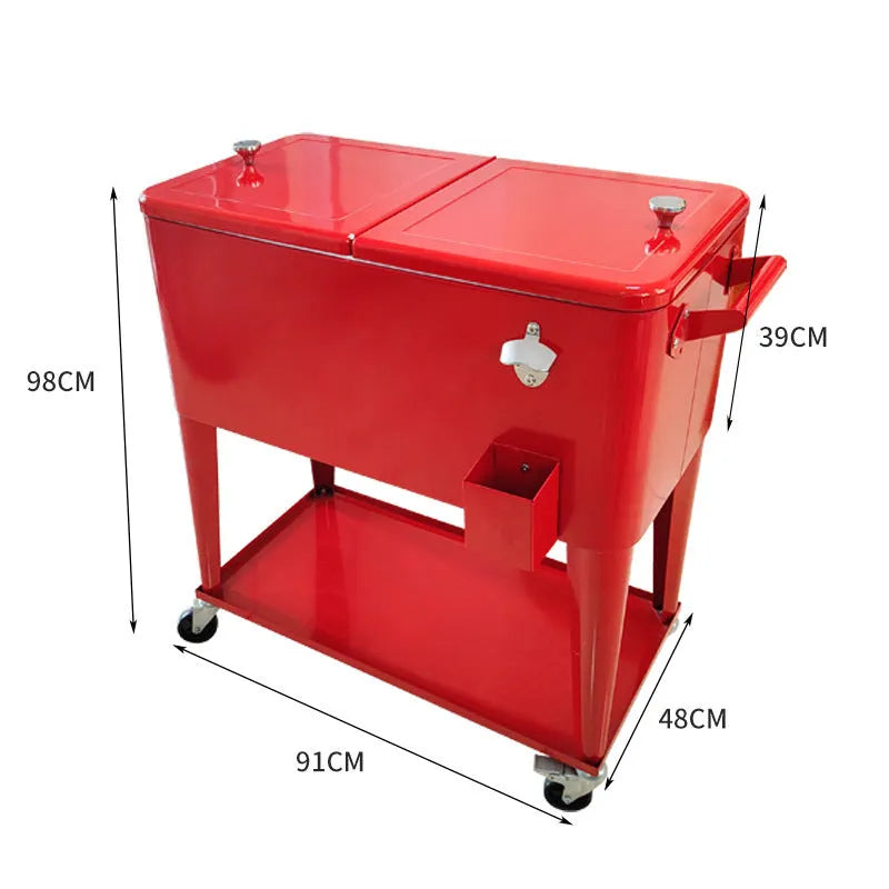 Red outdoor metal insulated trolley with 750ml cooling box for picnics