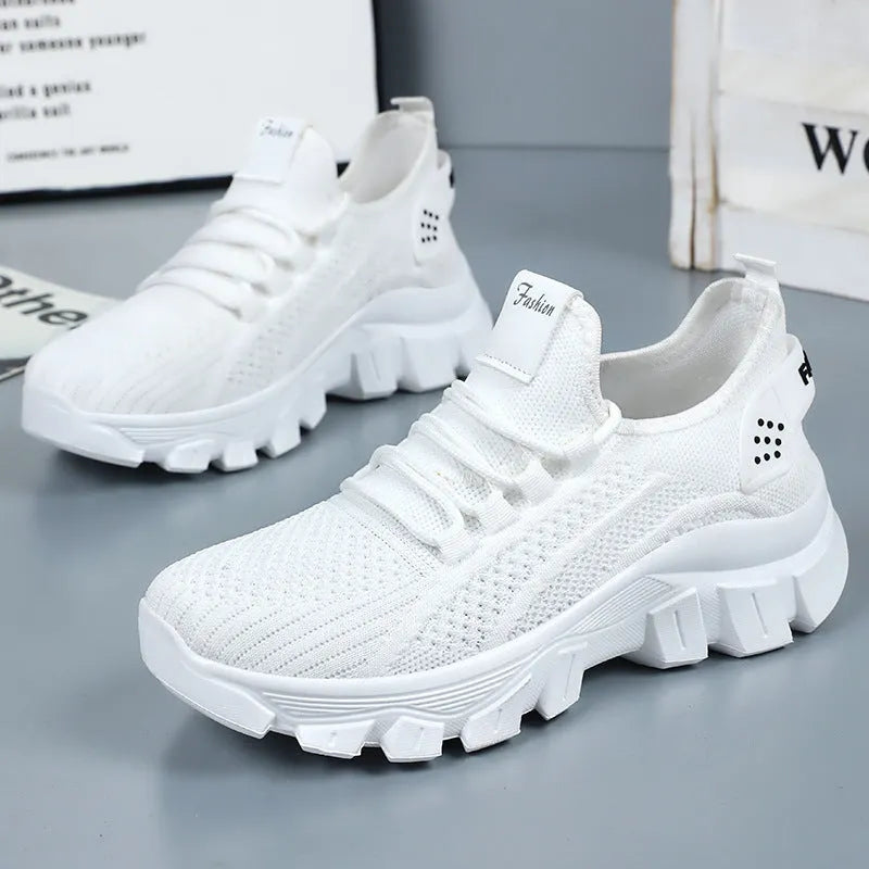 Women's Flyknit sneakers with thick PVC sole in white, pink, beige, or black colours