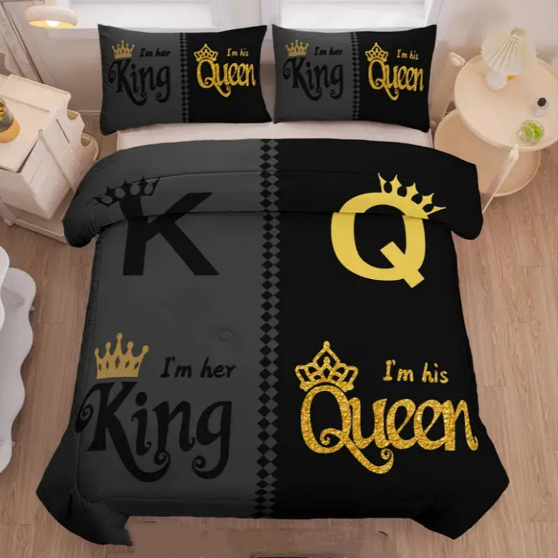 Three Piece Crown English digital printed quilt cover set in light gray on bed