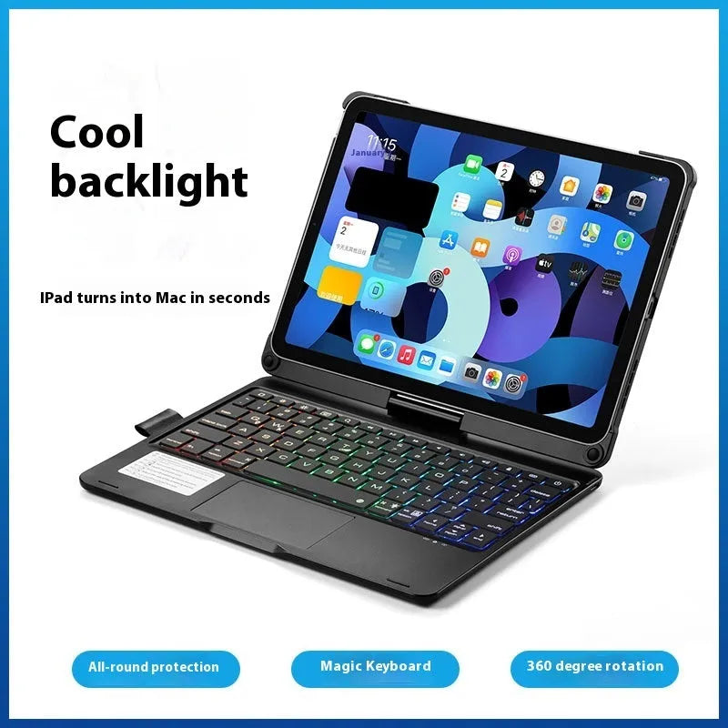 Miaocontrol Bluetooth keyboard with rotating hinge holding an iPad tablet