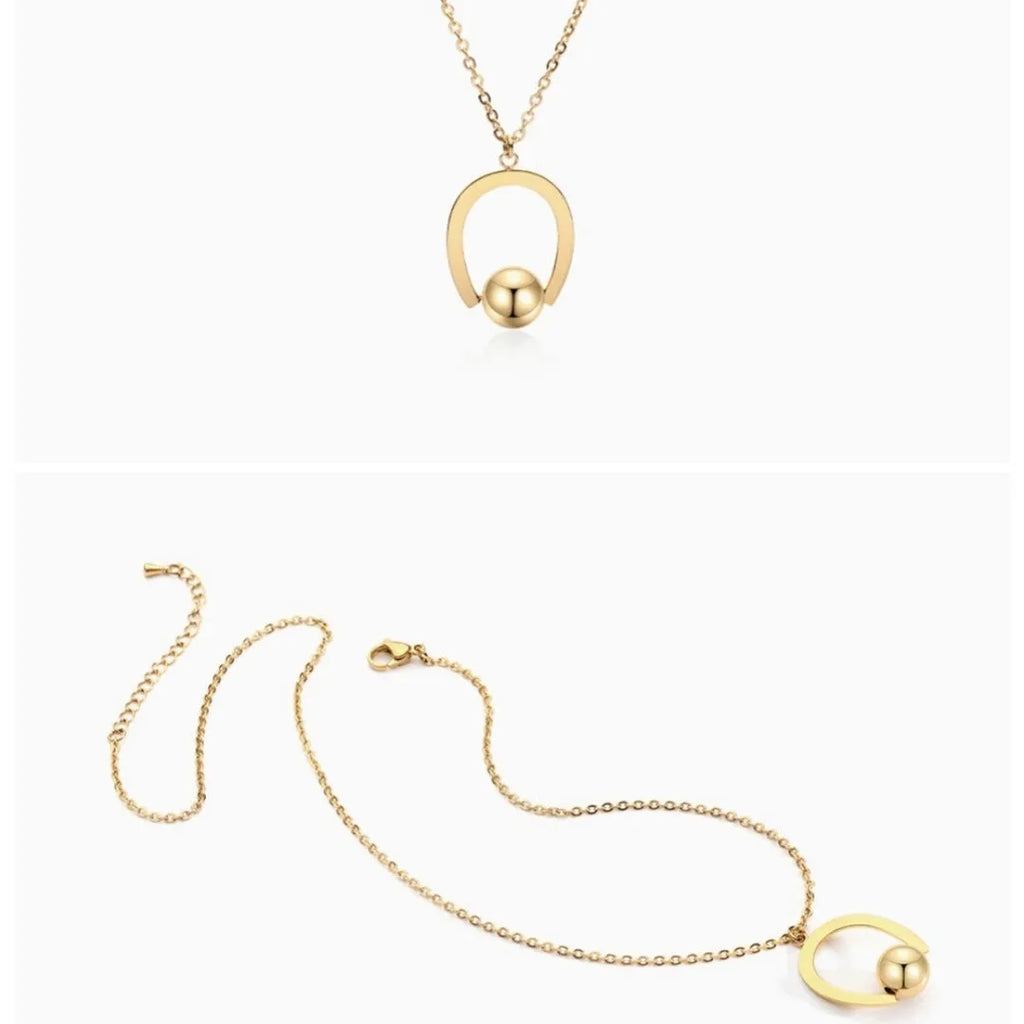 Stainless steel bead chain necklace with geometric pendant on cross chain, gold or silver electroplated finish