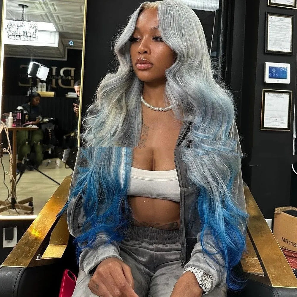 Grey blue gradient lace front human hair wig with natural-looking hairline