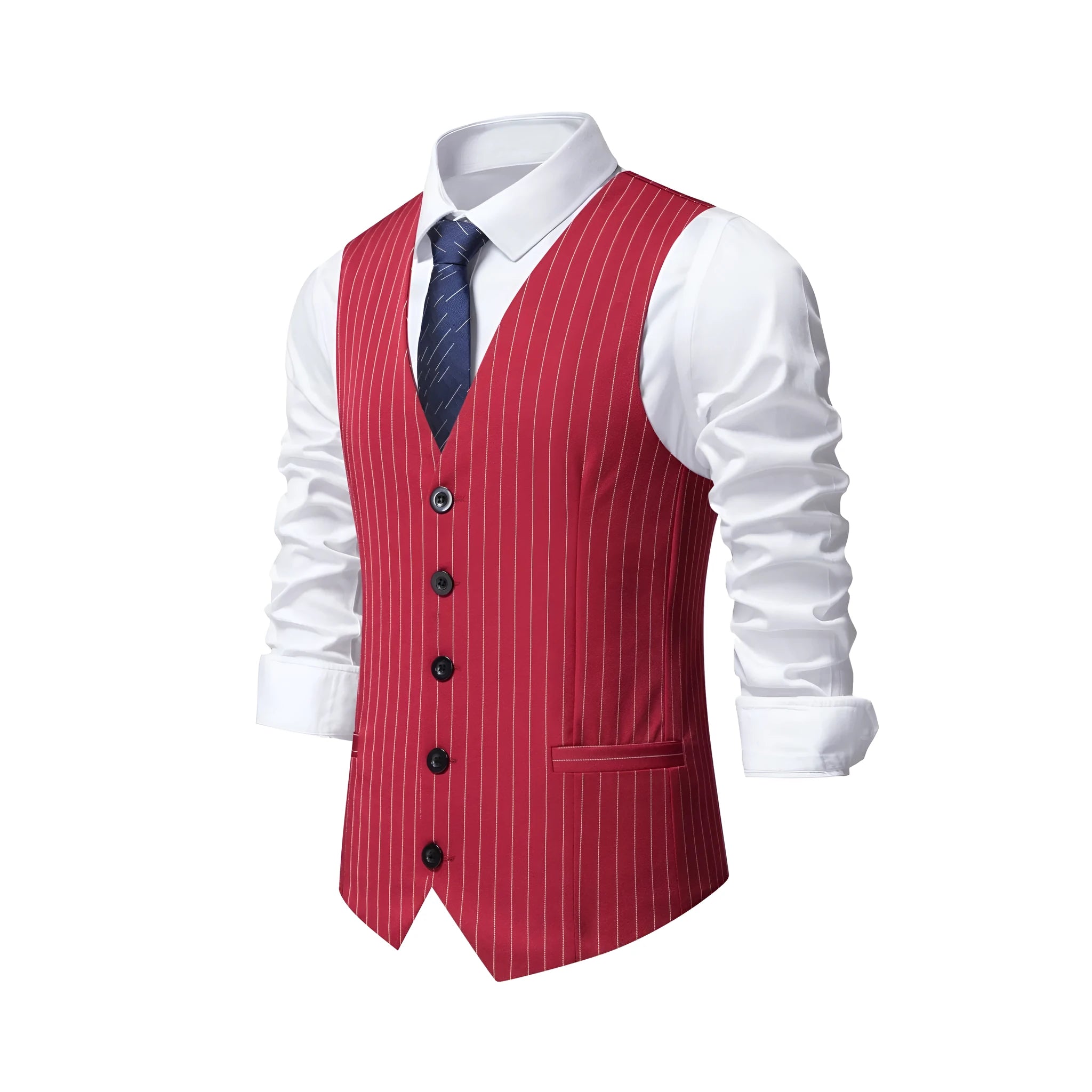 Men's striped suit vest in non-iron polyester with miter bottom hem for business formal wear