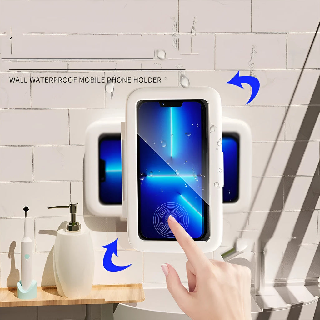 Waterproof phone holder in Crescent White with anti-fog window and touch screen on bathroom tile