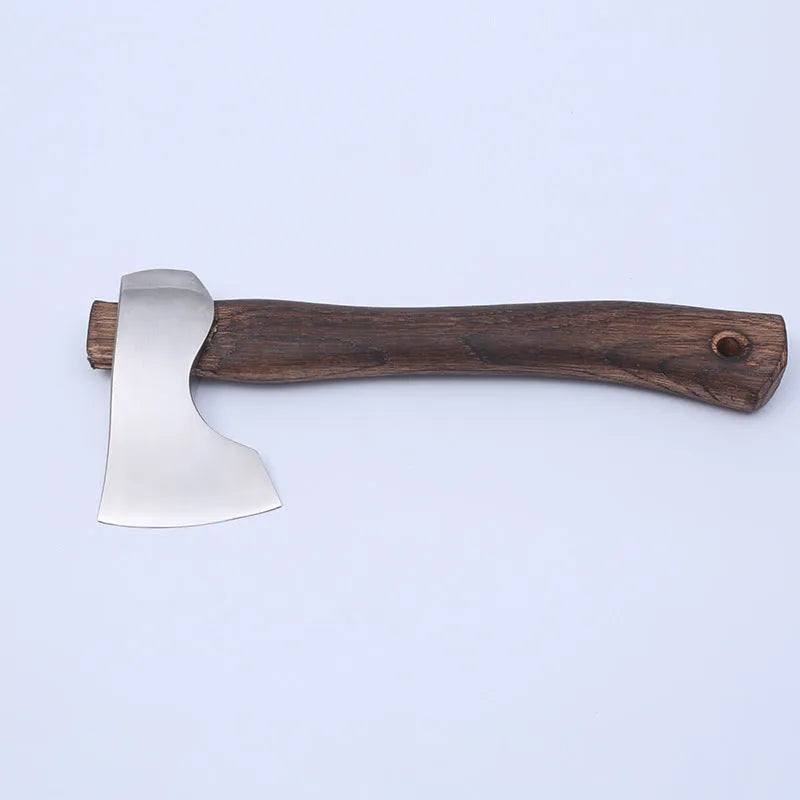 Camping axe with wooden handle and high carbon steel blade measuring 250mm long