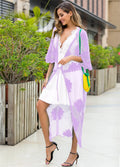 Light purple women's long lace embroidery beach cover-up dress for swimming.