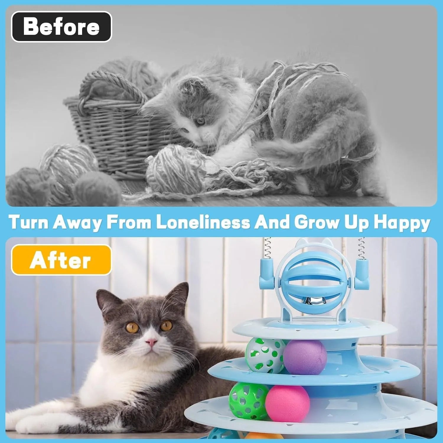 Interactive cat toy with 4-tier carousel, 6 toy balls, bell ball, and 2 teasing rods on a non-slip base