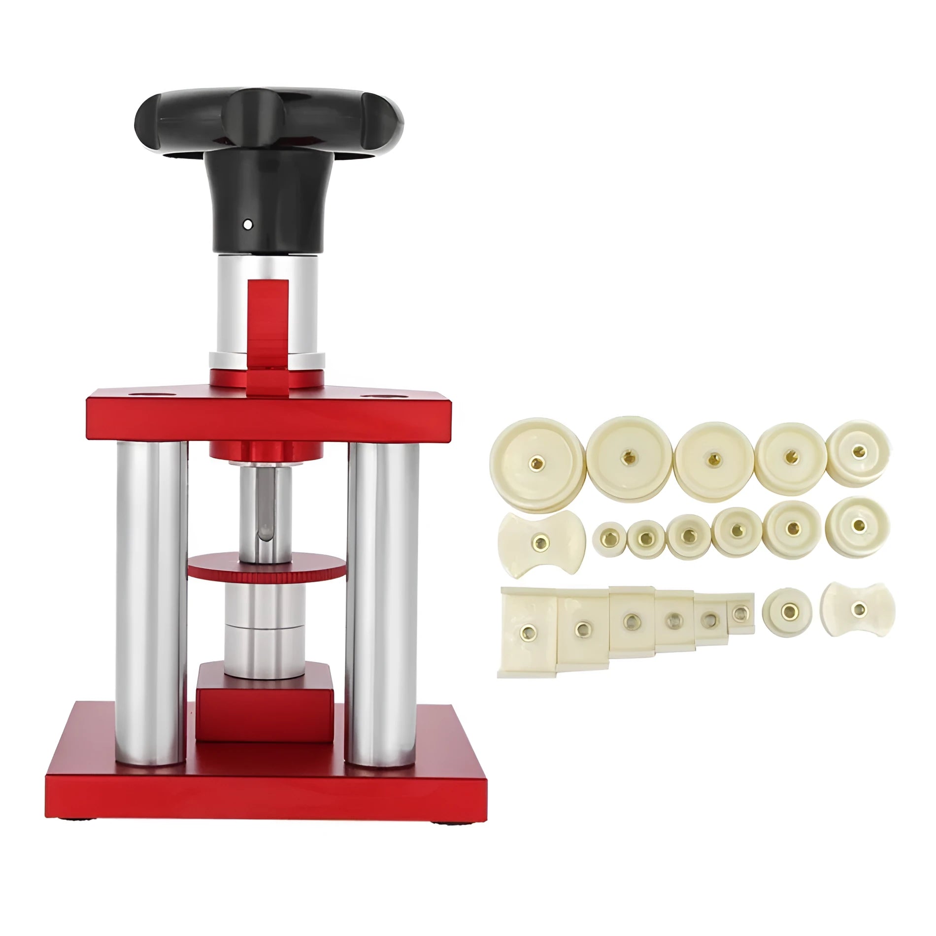 Watch back cover press tool with spiral mechanism and set of 20 plastic moulds for watch repair