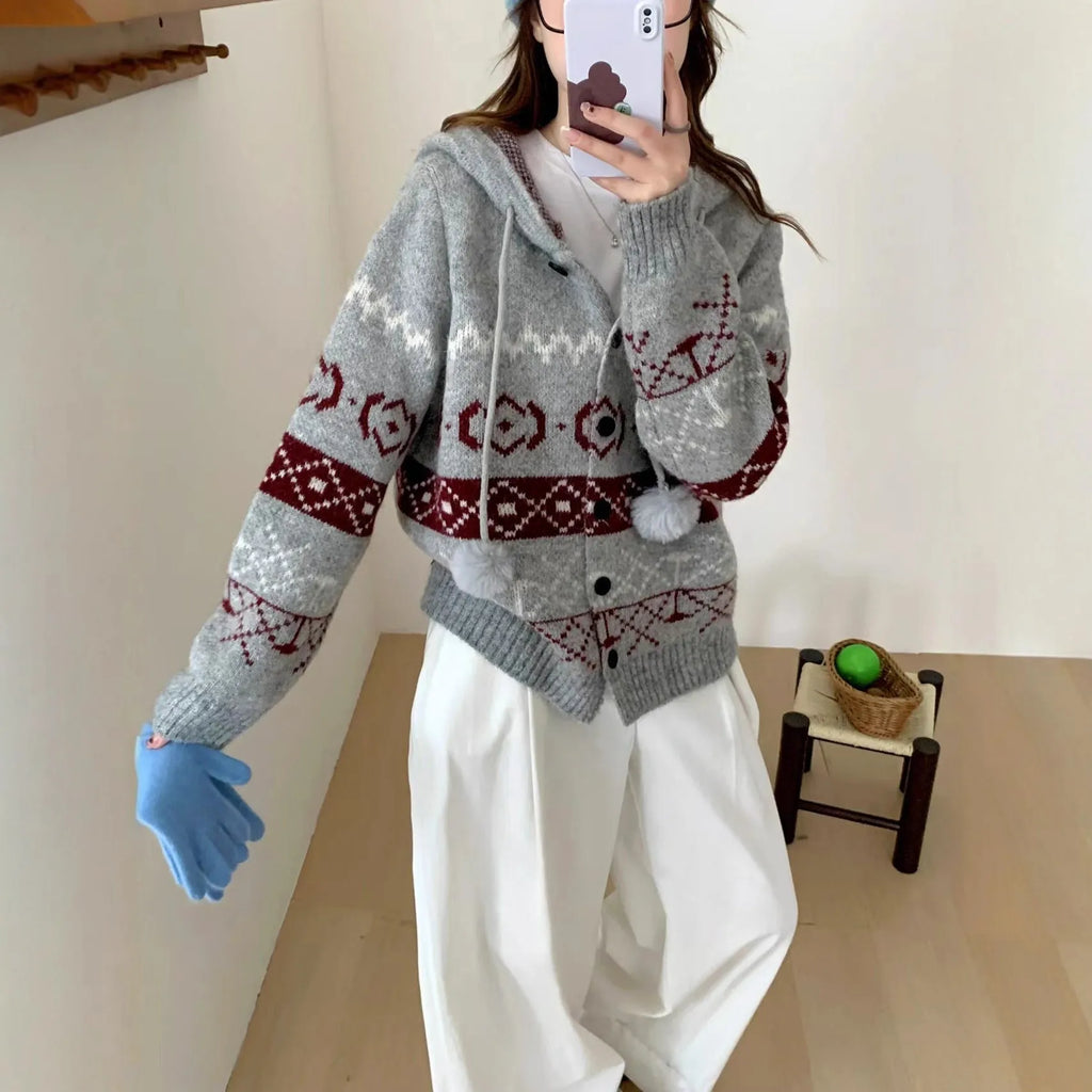 Plus size women's loose fit geometric brocade sweater coat in acrylic, colour options Milky White and Grey.